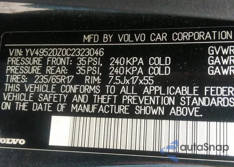 2012 Volvo Xc60 3.2 Platinum/3.2 Premier/3.2 Premier Plus/3.2L z USA, uszkodzony, nr VIN YV4952DZ0C2323046